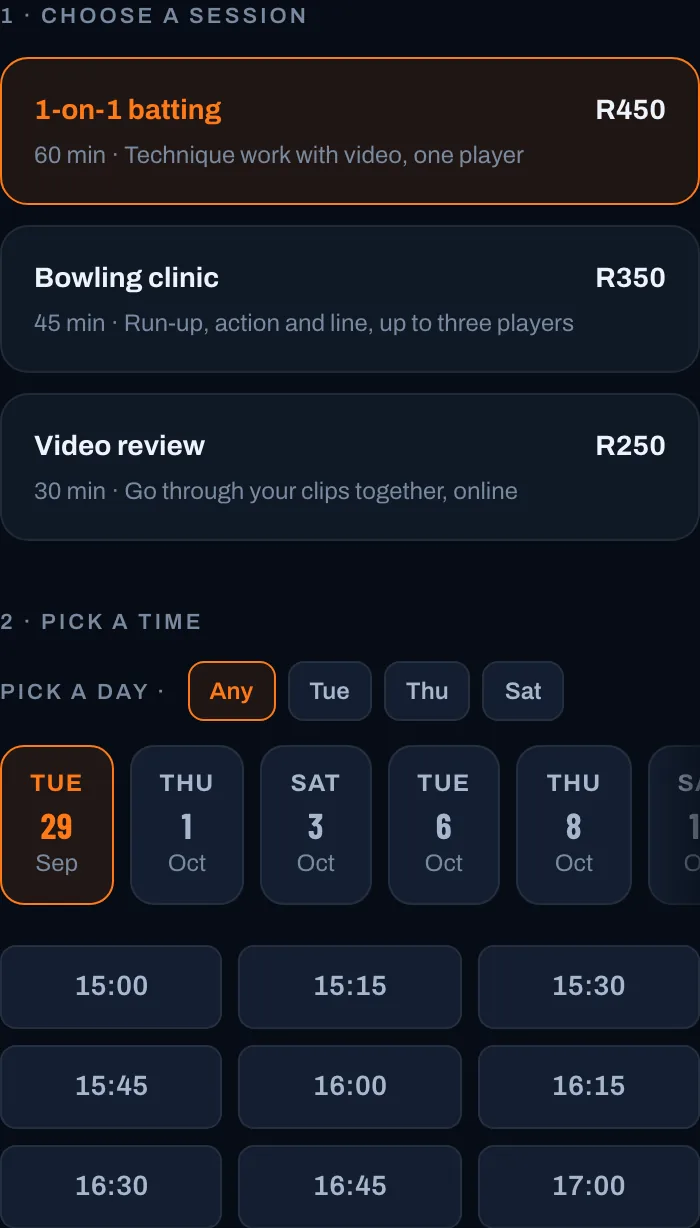 Booking a session: choose a session and price, then a day and a time